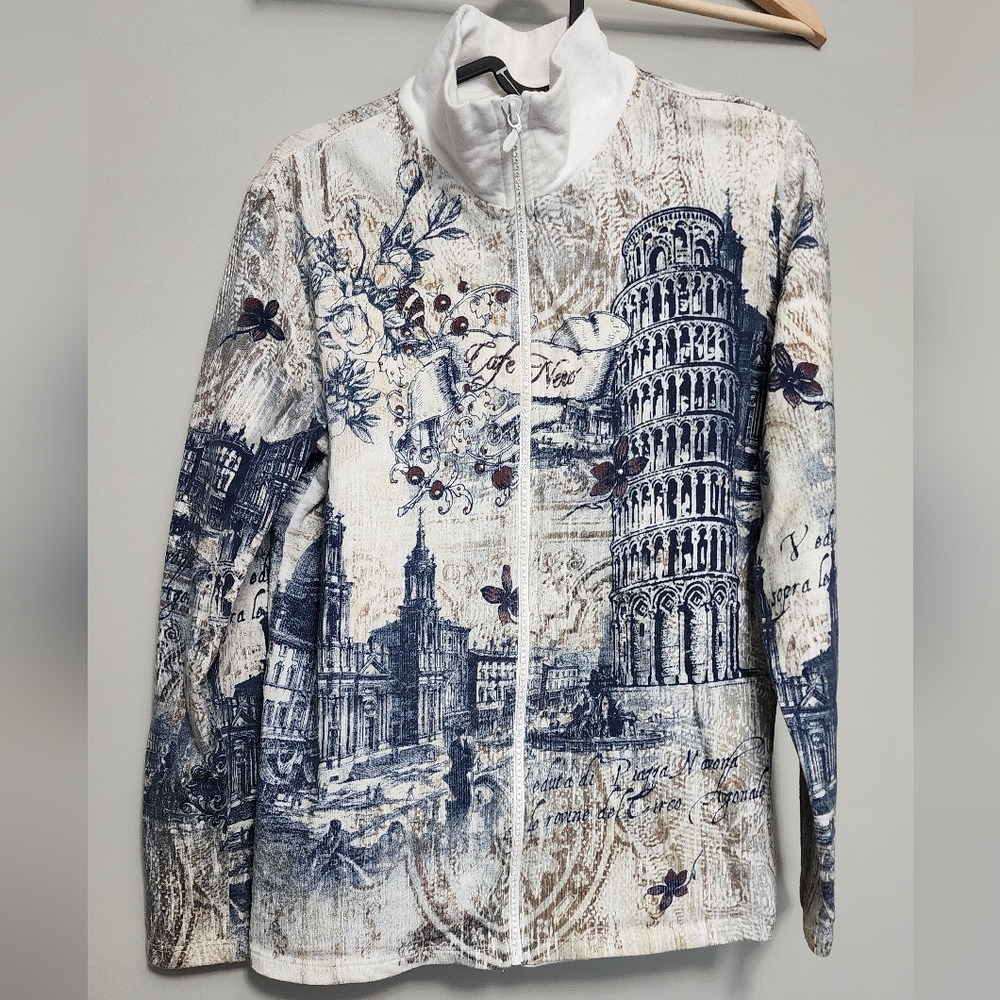 Jess & Jane Women's Blue and White Printed Jacket Size Small